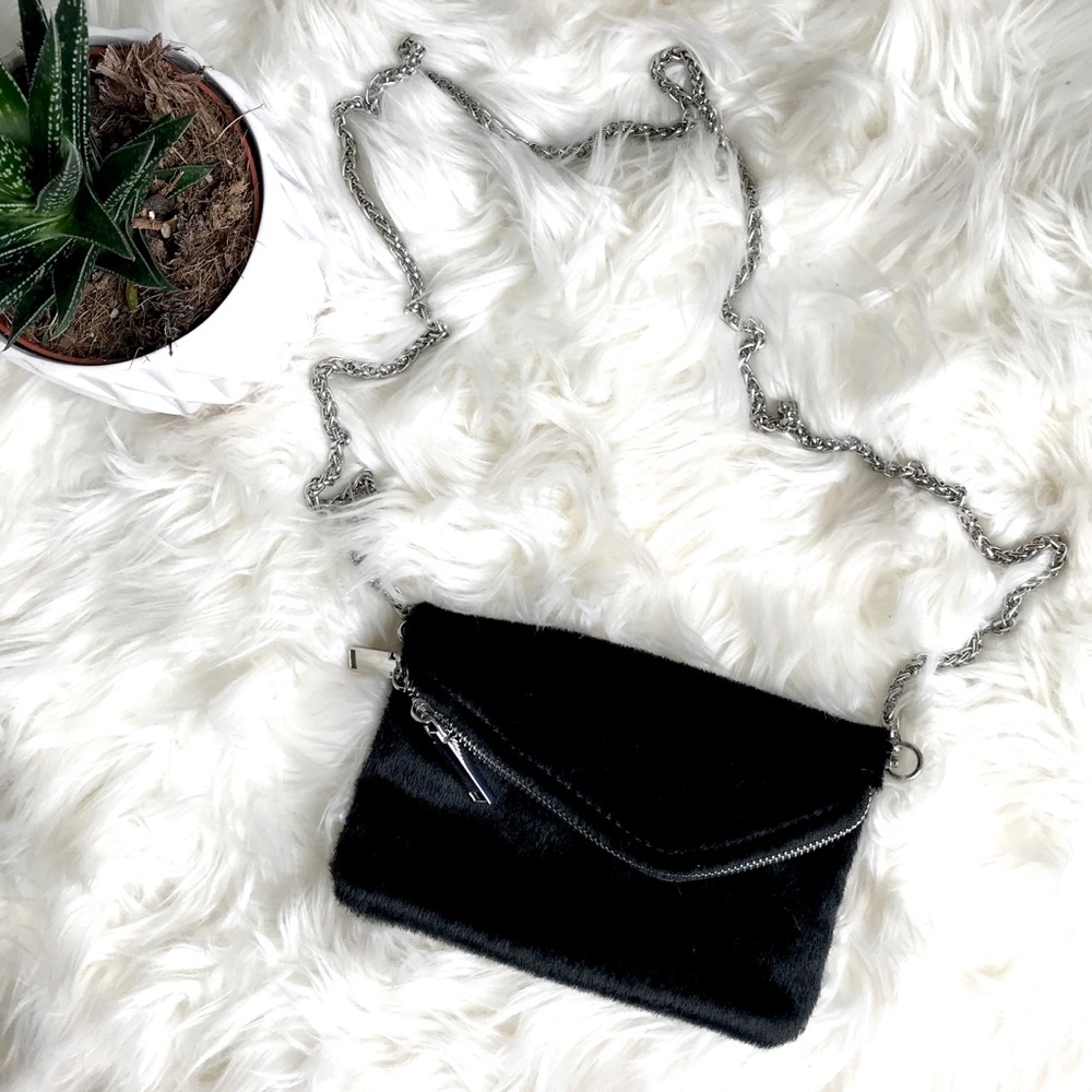 Free People Black Faux Fur Clutch/Cross Body Purse